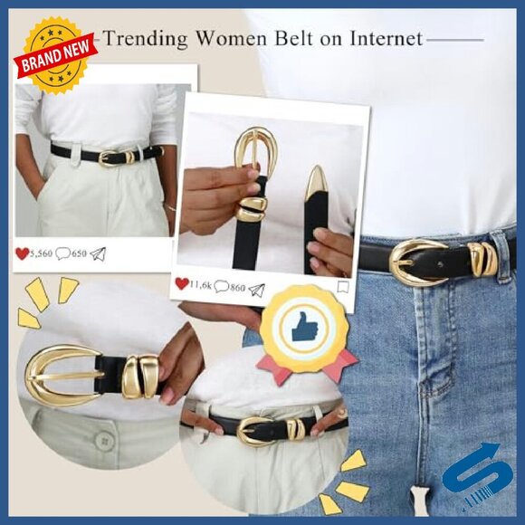 Adjustable Faux Leather Belt with Gold Buckle for Women main image 3